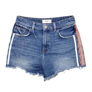 Mango Denim Cutoff Shorts – USA Size 6 – Frayed Hem, Striped Side Detail